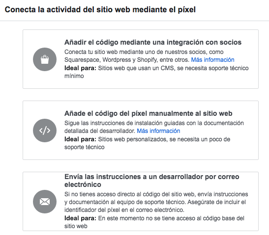 Opciones para el pixel de facebook
