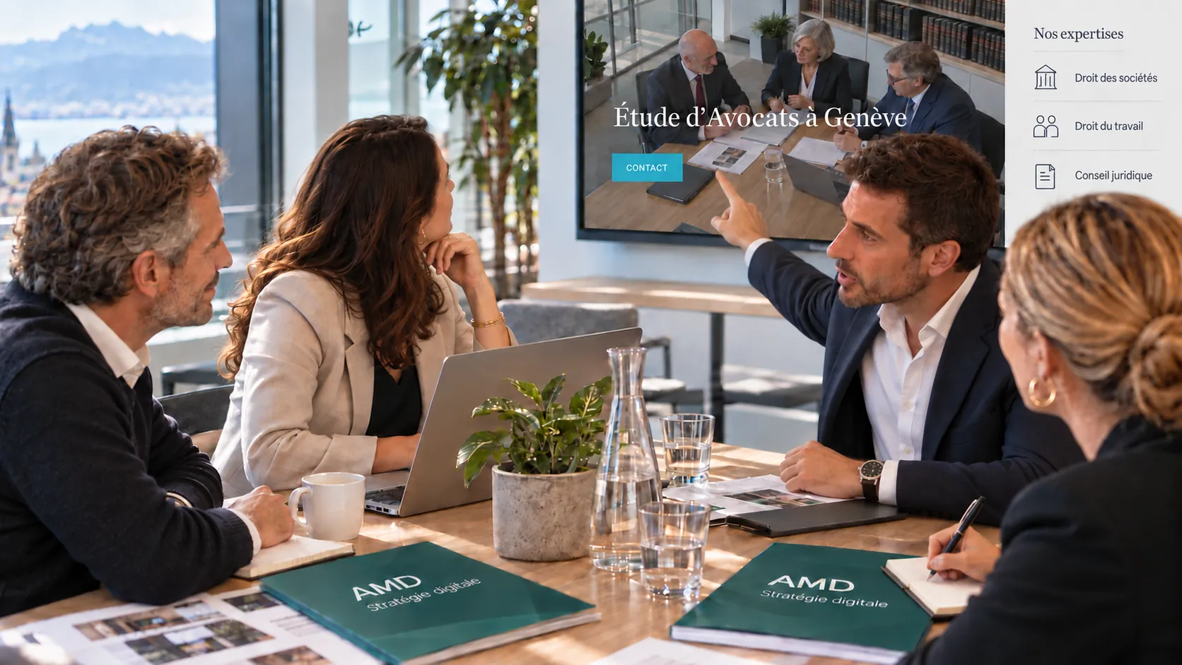 Illustration : présentation d’un site d’avocats sur grand écran et prise de notes autour de documents AMD